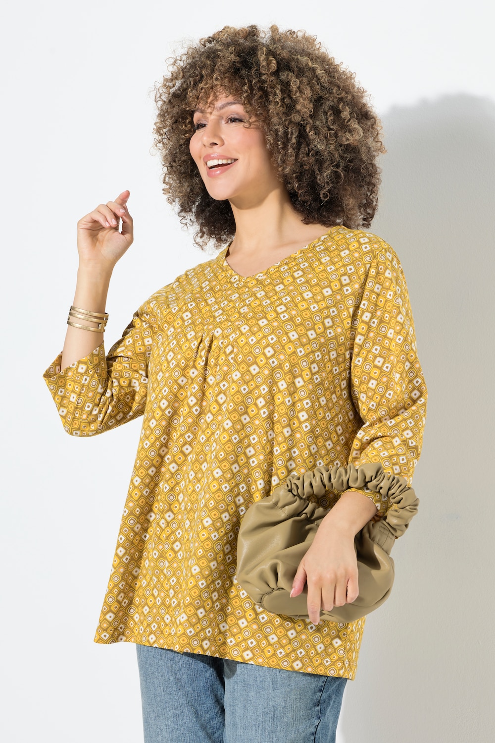 Shirt, met dierenprint, A-lijn, V-hals, 3/4-mouwen