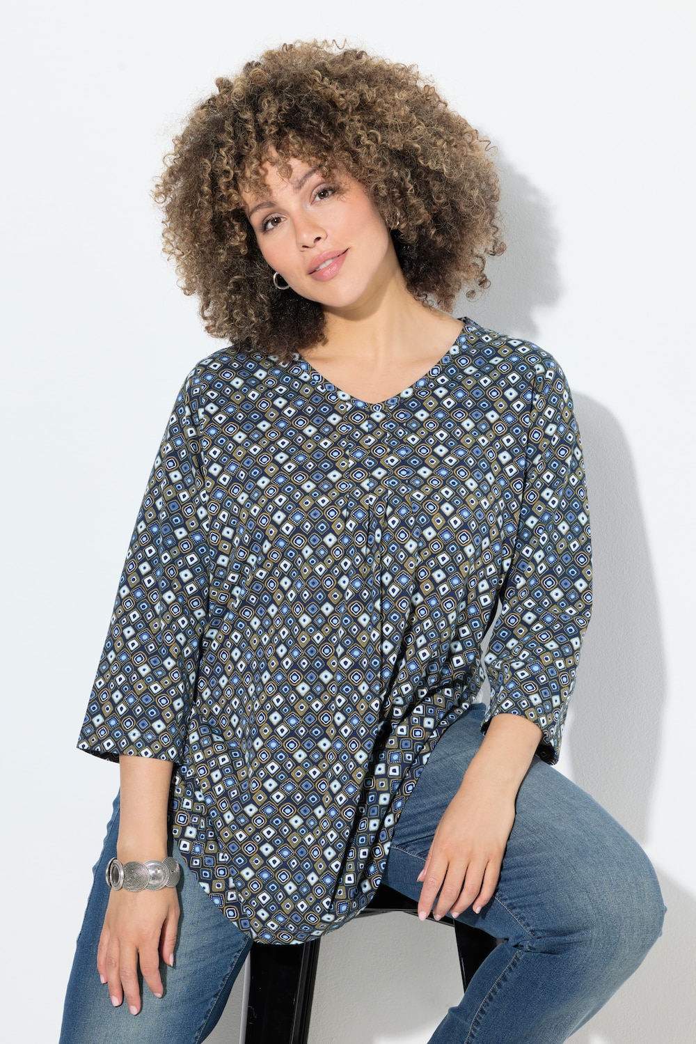 Shirt, met dierenprint, A-lijn, V-hals, 3/4-mouwen