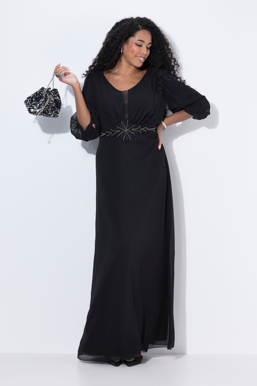 Chiffon-Maxikleid, doppellagig, V-Ausschnitt, 3/4-Arm