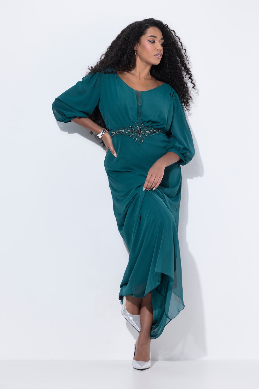 Chiffon-Maxikleid, doppellagig, V-Ausschnitt, 3/4-Arm