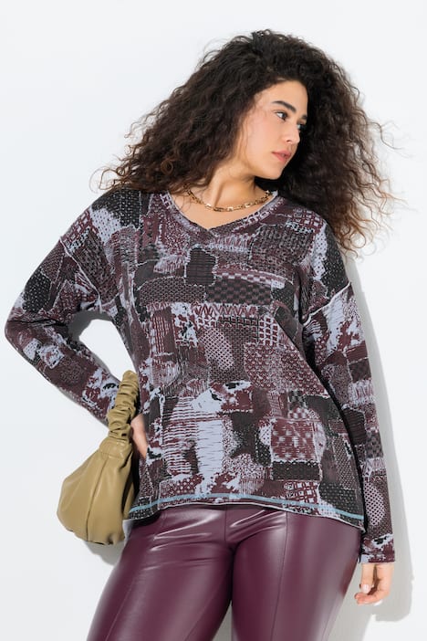 Sweatshirt, Patchdruck, V-Ausschnitt, Langarm