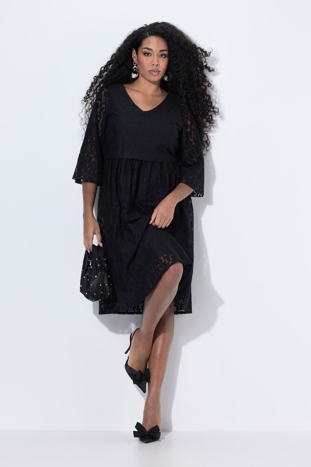 Midikleid, Spitze, A-Linie, V-Ausschnitt, Glockenärmel