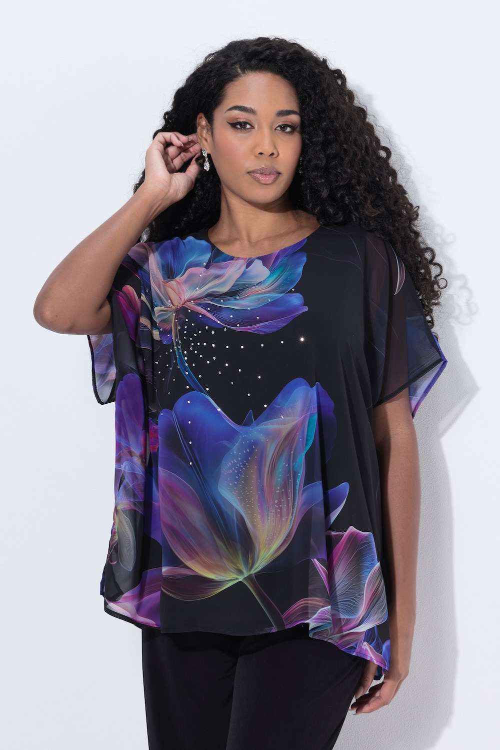 Große Größen Chiffon-Blusenshirt, Damen, schwarz, Größe: 54/56, Polyester/Viskose, Ulla Popken