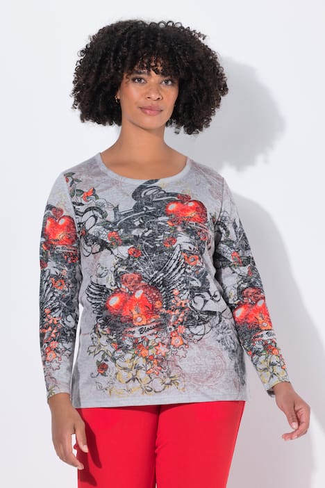 T-shirt, A-lijn, vleugels-hart-motief, lange mouwen