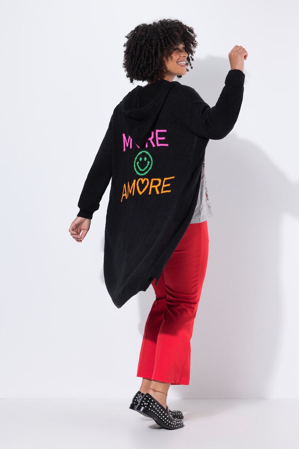 Long-Strickjacke, Rücken-Schriftzug, offene Form