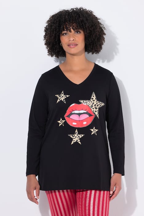 T-shirt, comfort fit, patroon van kussende mond, lange mouwen