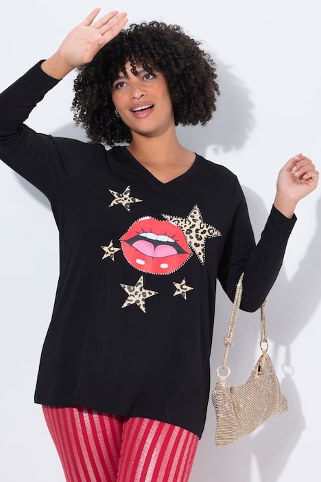 T-shirt, comfort fit, patroon van kussende mond, lange mouwen