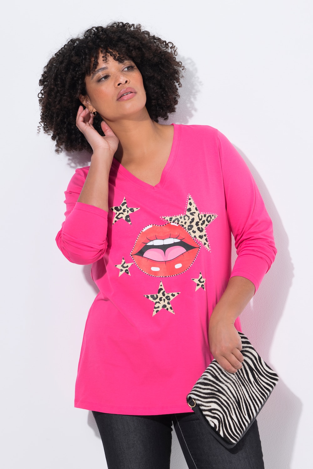 T-shirt, comfort fit, patroon van kussende mond, lange mouwen
