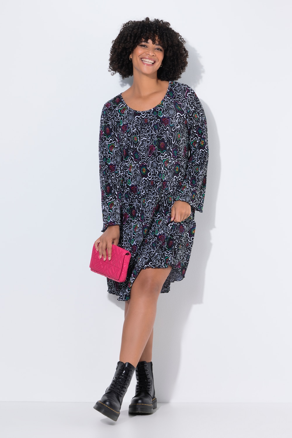 Plisseekleid, A-Linie, Allovermuster, Trompetenärmel