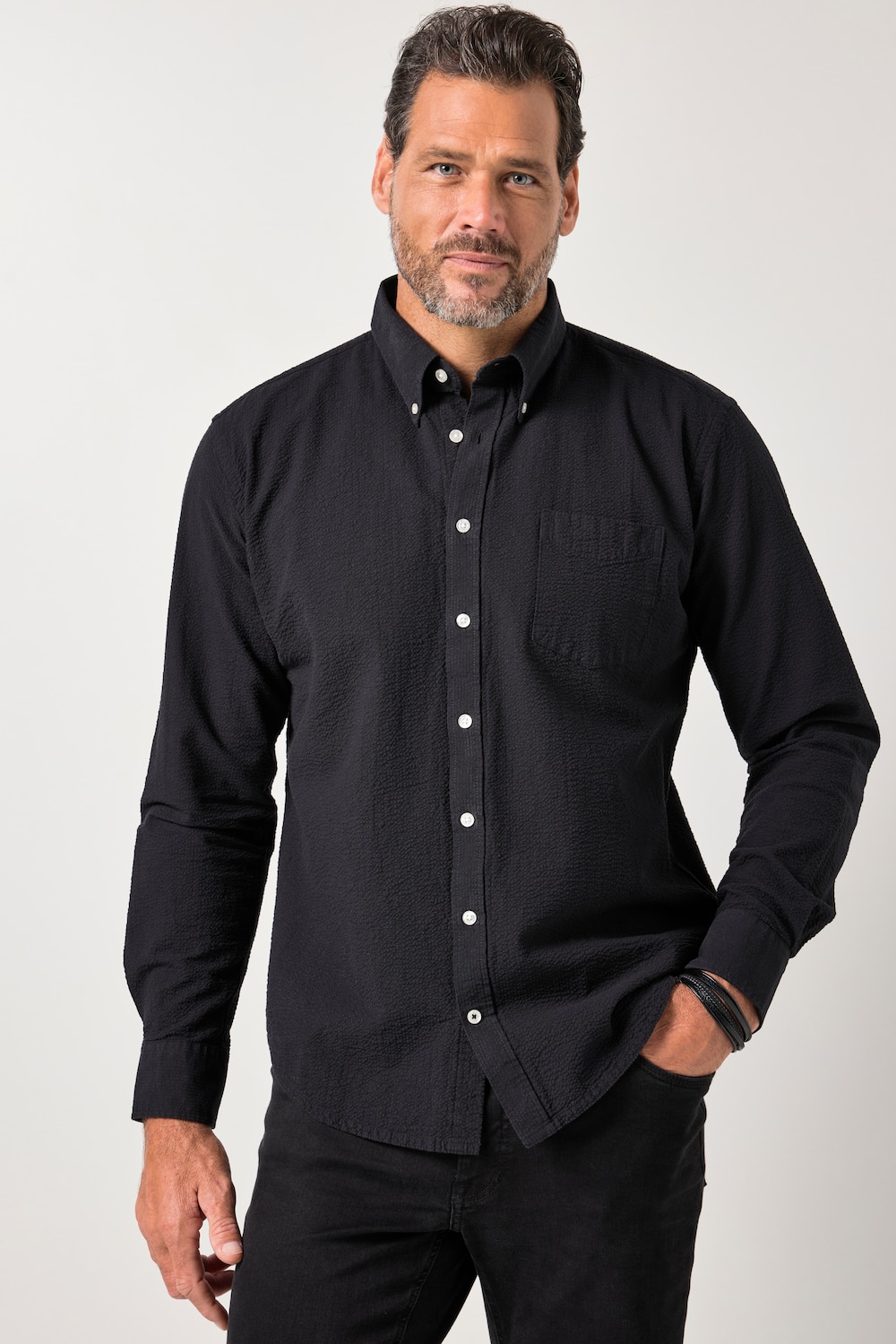 JP 1880 seersucker overhemd, lange mouwen, buttondown kraag, Modern Fit, tot 8XL