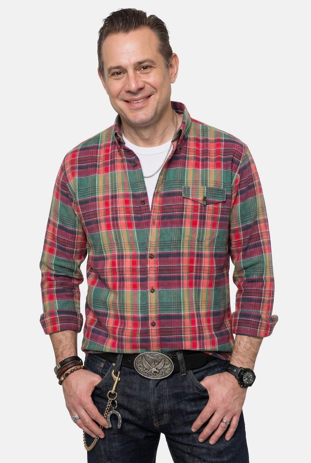 JP1880 Karohemd, Langarm, Leinenmix, Buttondown-Kragen, Modern Fit, bis 8 XL