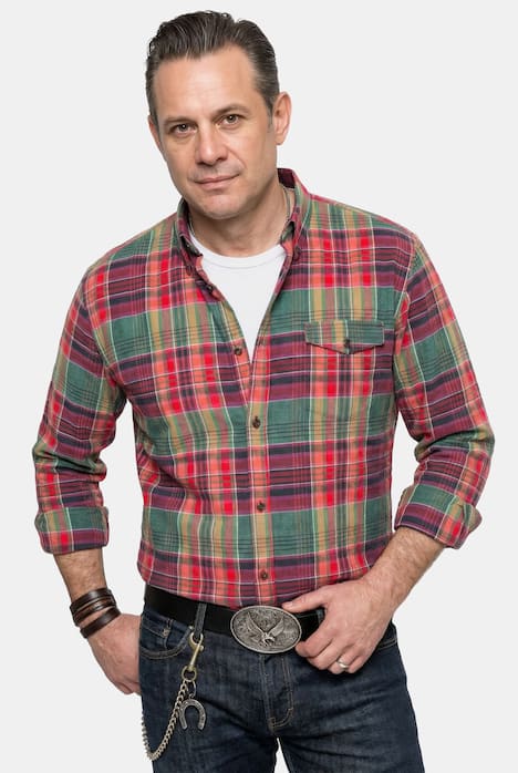 JP1880 Koszula w kratę, długi rękaw, mieszanka lnu, kołnierzyk z guzikami, nowoczesny krój, do roz. 8 XL