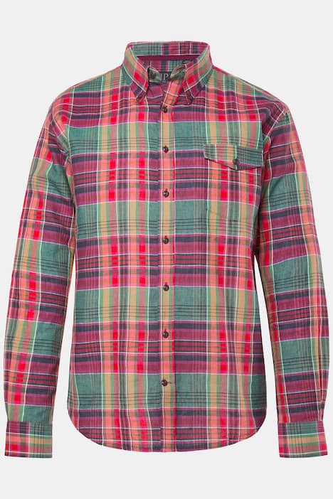 Chemise à carreaux JP 1880 en lin mélangé, manches longues et col à pointes boutonnée, coupe Modern Fit - jusqu'au 8 XL