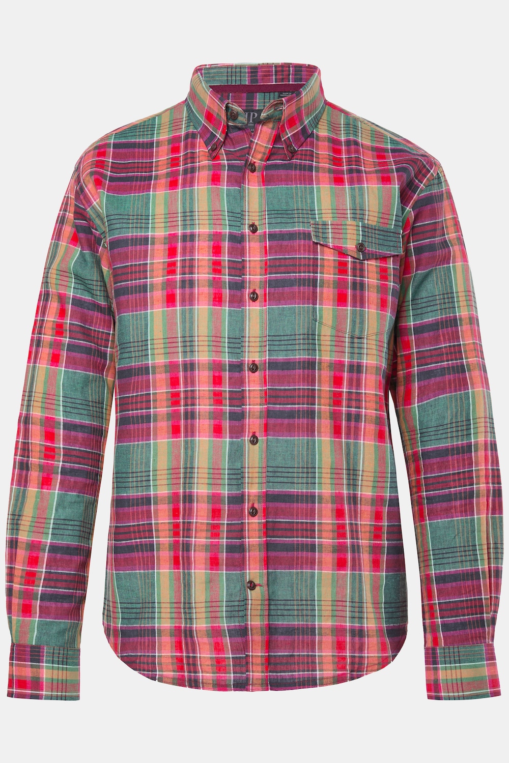 Chemise à carreaux JP 1880 en lin mélangé, manches longues et col à pointes boutonnée, coupe Modern Fit - jusqu'au 8 XL