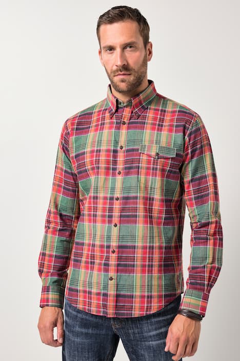 Chemise à carreaux JP 1880 en lin mélangé, manches longues et col à pointes boutonnée, coupe Modern Fit - jusqu'au 8 XL