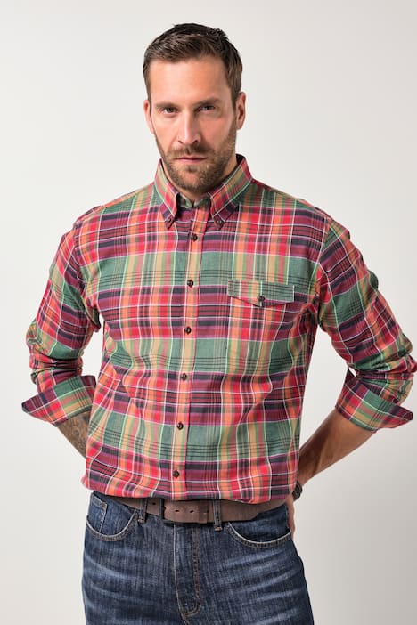 Chemise à carreaux JP 1880 en lin mélangé, manches longues et col à pointes boutonnée, coupe Modern Fit - jusqu'au 8 XL