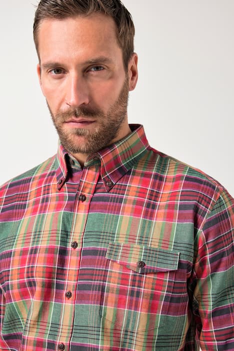 Chemise à carreaux JP 1880 en lin mélangé, manches longues et col à pointes boutonnée, coupe Modern Fit - jusqu'au 8 XL