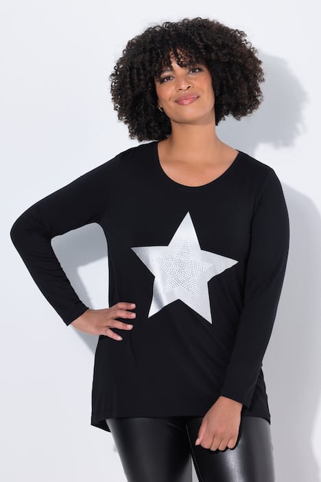 T-Shirt, A-Linie, Metallic Stern, Langarm