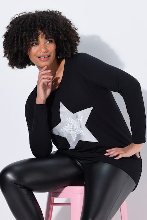 T-Shirt, A-Linie, Metallic Stern, Langarm