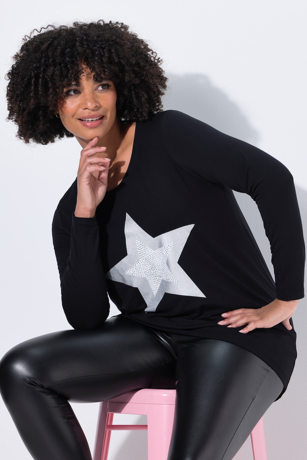 T-Shirt, A-Linie, Metallic Stern, Langarm