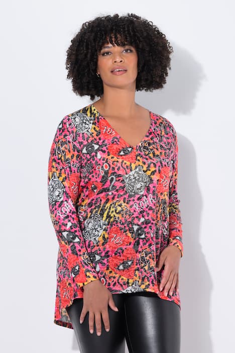 T-shirt, A-lijn, allover print, glittersteentjes