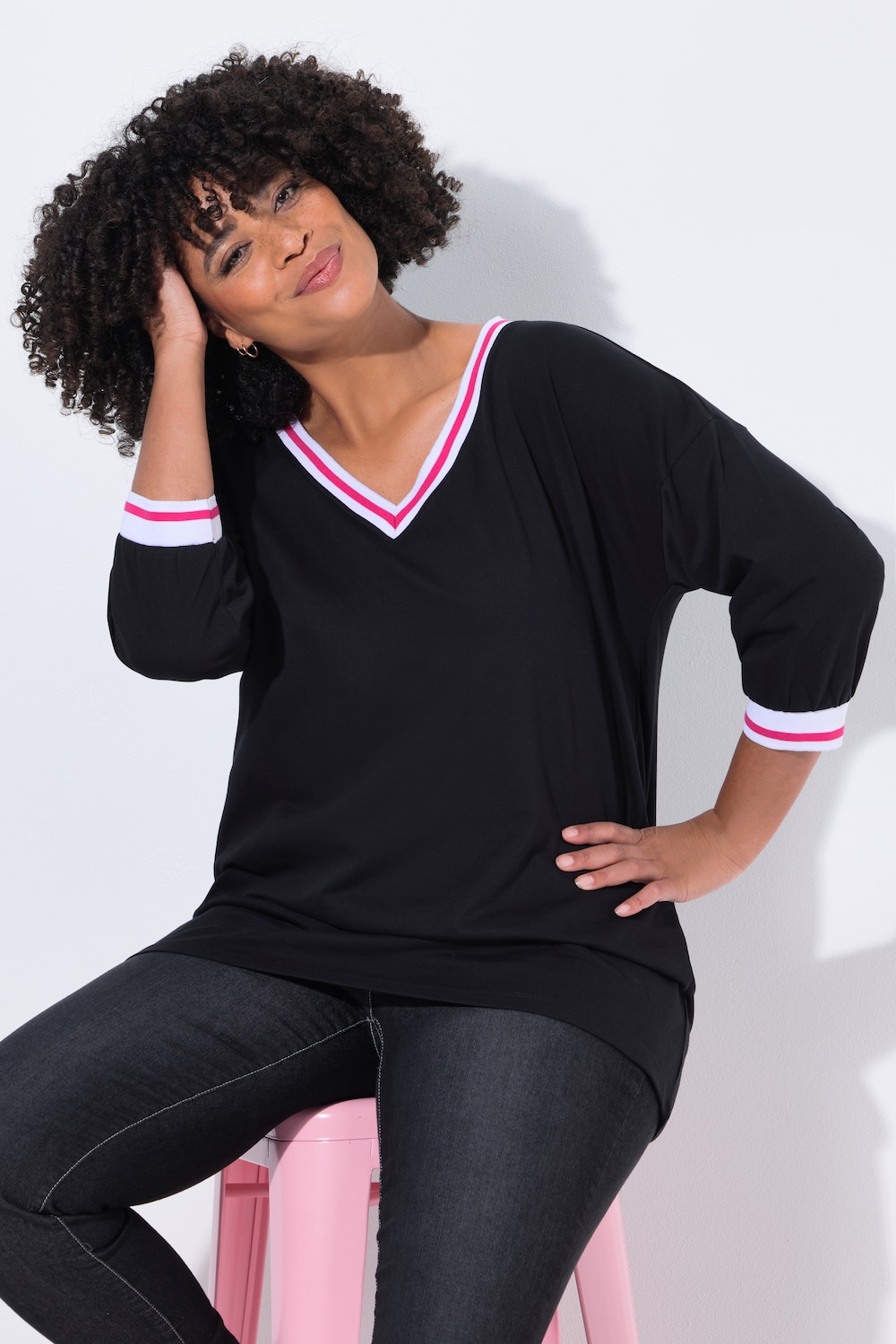 T-Shirt, oversized, Streifenbündchen, 3/4-Ärmel