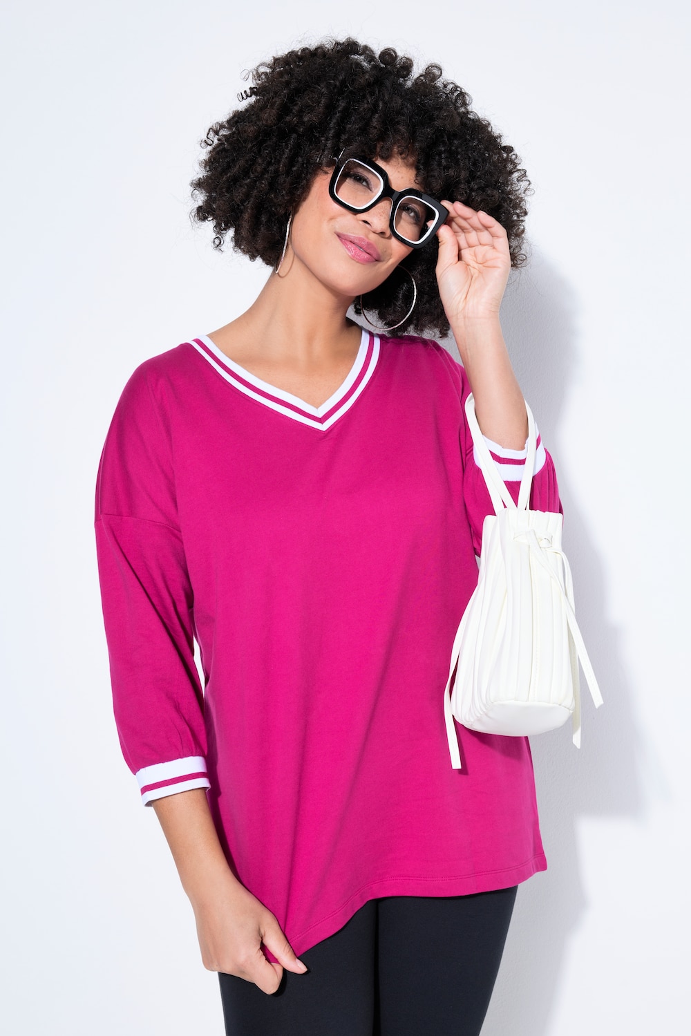 T-Shirt, oversized, Streifenbündchen, 3/4-Ärmel