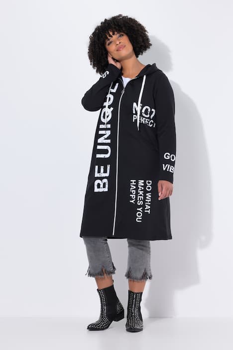 Long-Sweatjacke, A-Linie, Schriftzüge, Kapuze