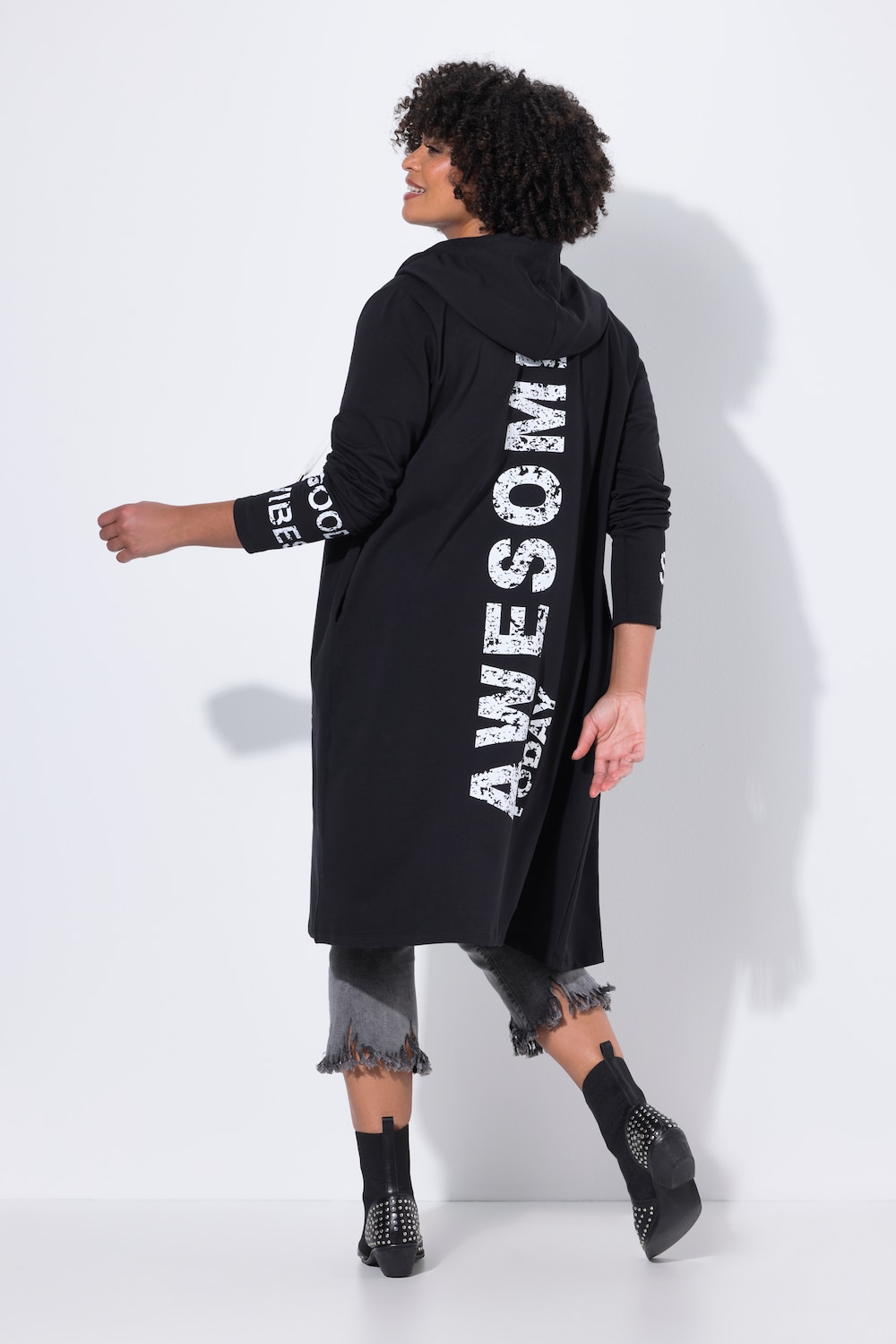 Long-Sweatjacke, A-Linie, Schriftzüge, Kapuze