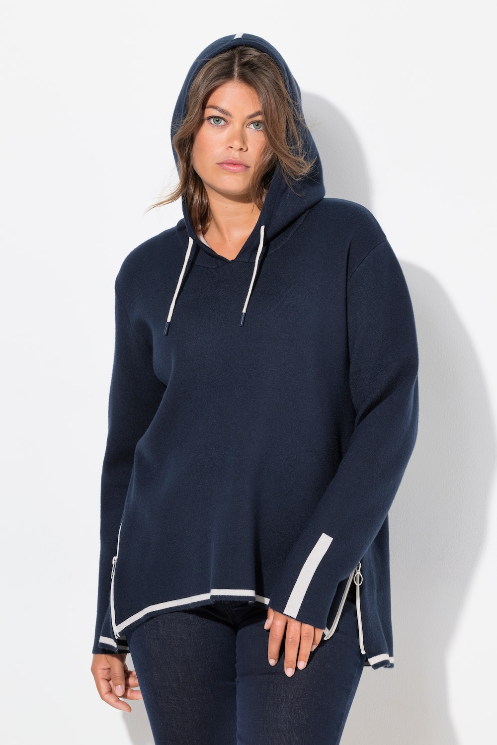 Gebreide hoodie, dubbelzijdig, capuchon, lange mouw