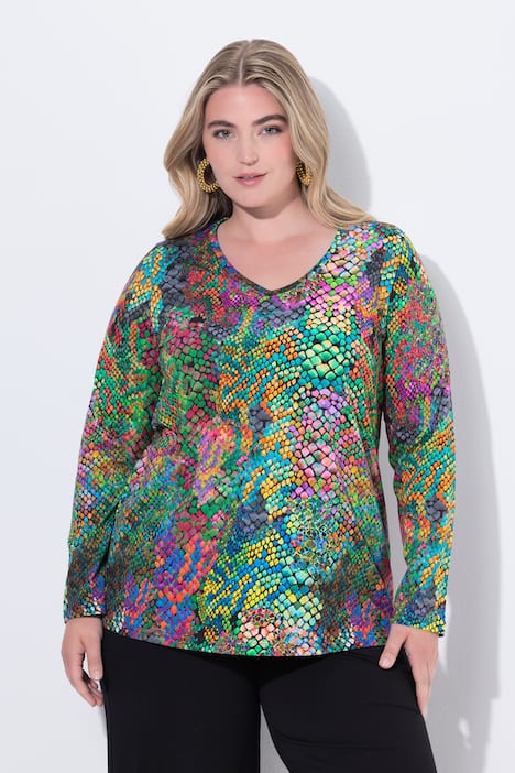 Shirt, Schlangenmuster, A-Linie, V-Ausschnitt, Langarm
