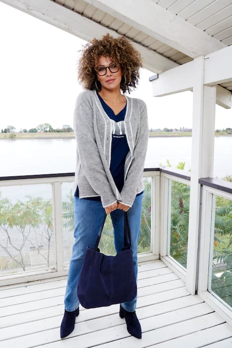 Strickjacke, Kontrastnaht, V-Ausschnitt, Langarm