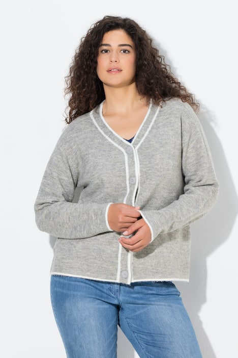 Strickjacke, Kontrastnaht, V-Ausschnitt, Langarm