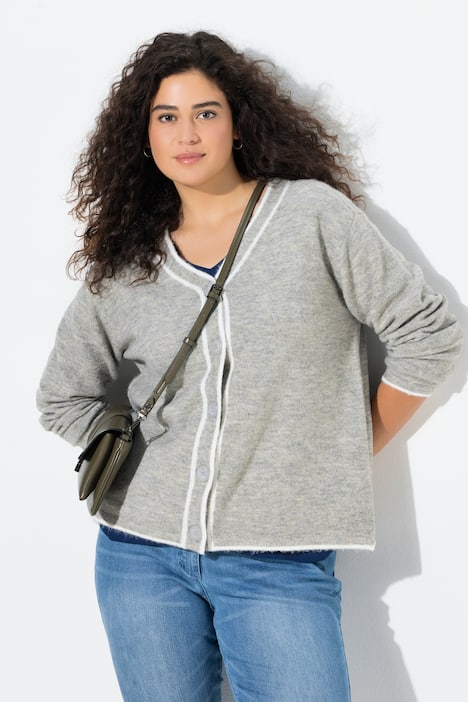 Strickjacke, Kontrastnaht, V-Ausschnitt, Langarm