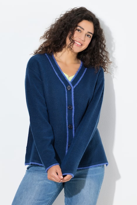 Strickjacke, Kontrastnaht, V-Ausschnitt, Langarm