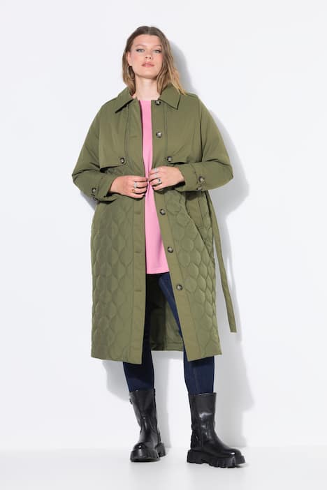 Trench-coat évasé, texture mixte et matelassage, rembourré, ceinture nouée