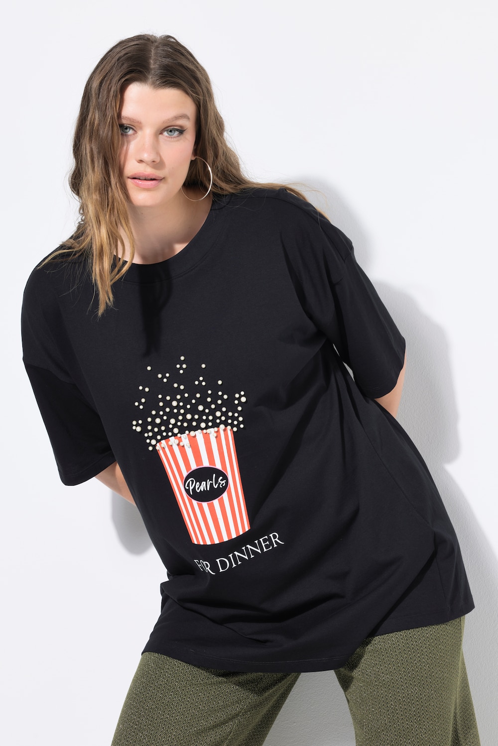 T-shirt, oversized, popcorn-print met sierkralen