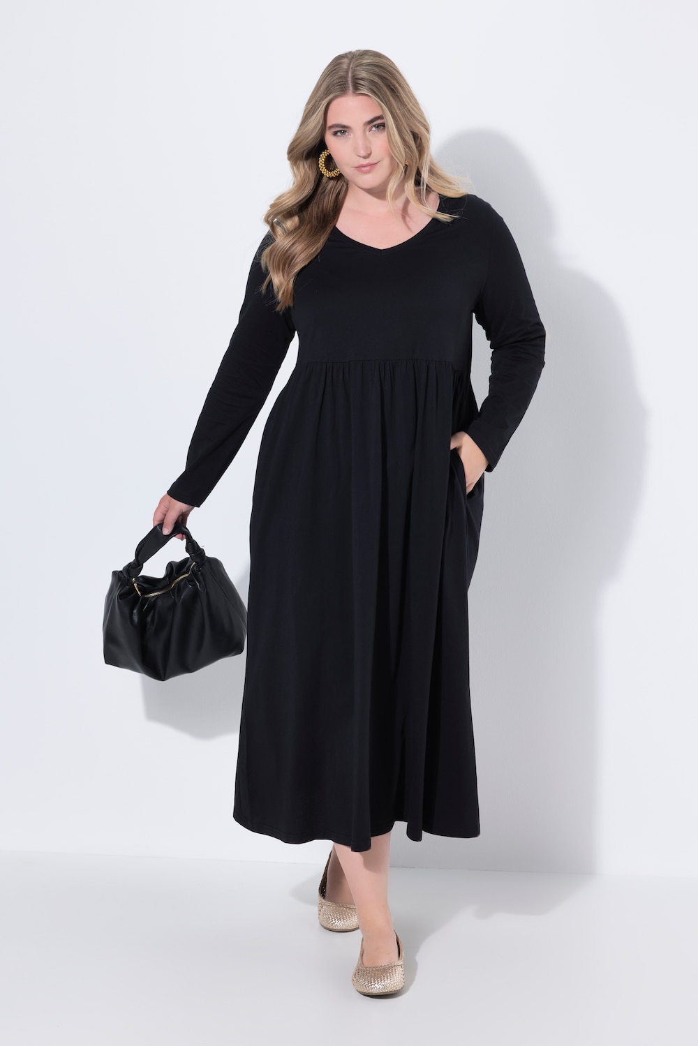Maxikleid, A-Linie, V-Ausschnitt, Langarm