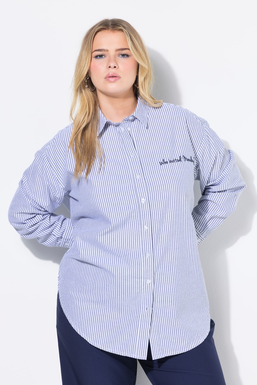 Overhemdblouse, oversized, strepen, borduursel