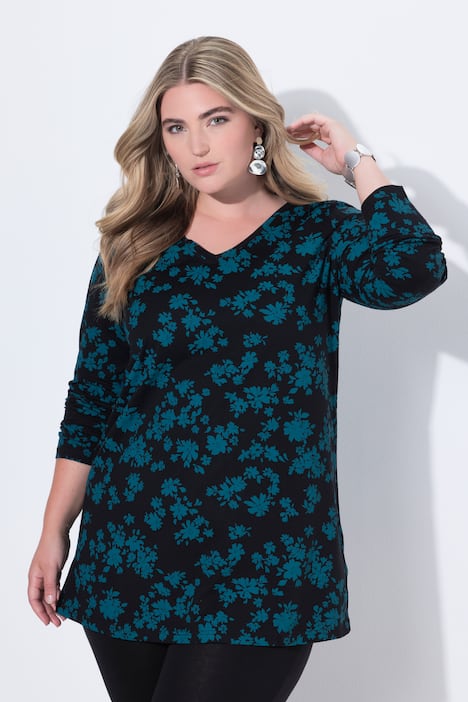 Longshirt, bloemen, A-lijn, V-hals, lange mouw