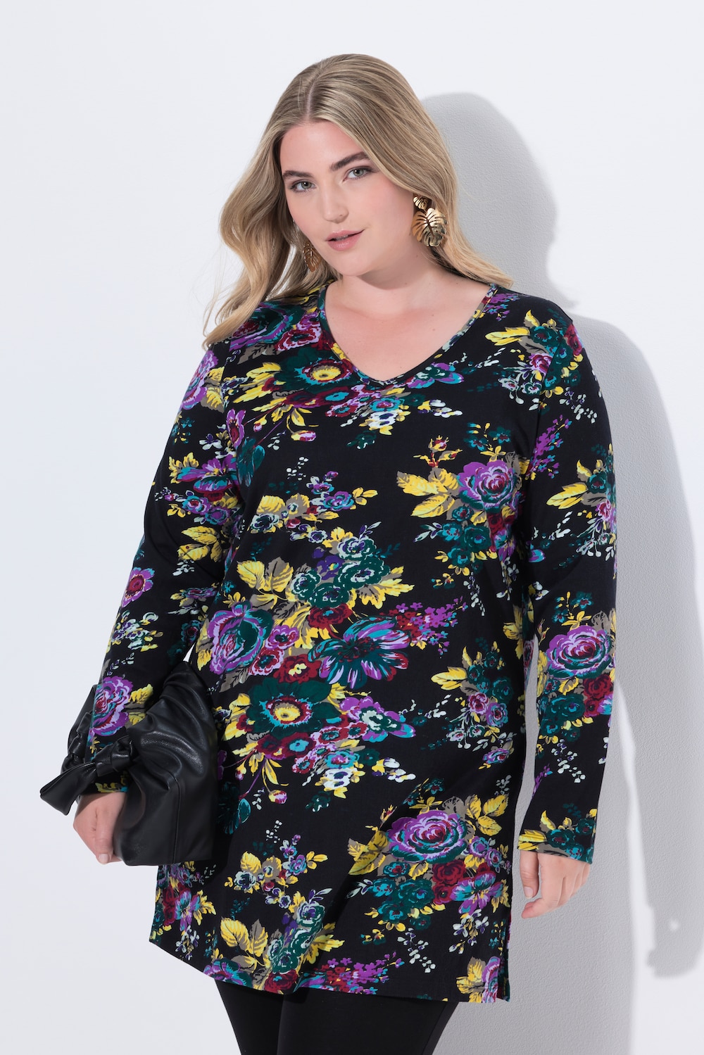 Longshirt, Blüten, A-Linie, V-Ausschnitt, Langarm