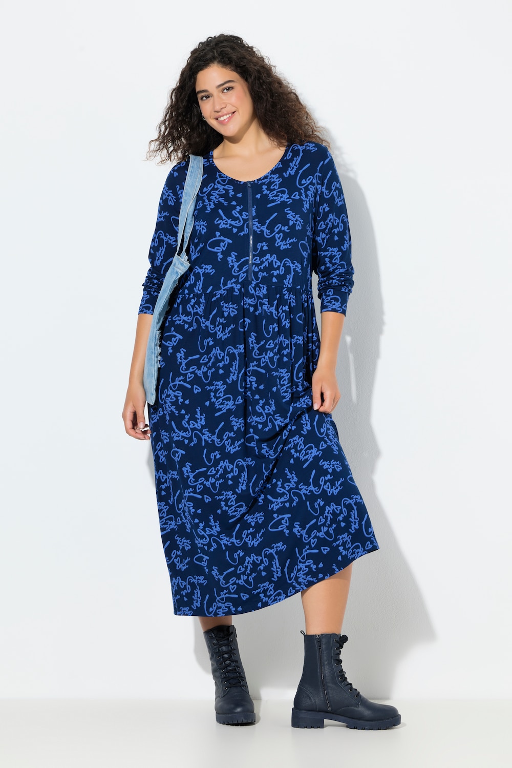 Midikleid, Schriftdruck, A-Linie, Rundhals, Langarm