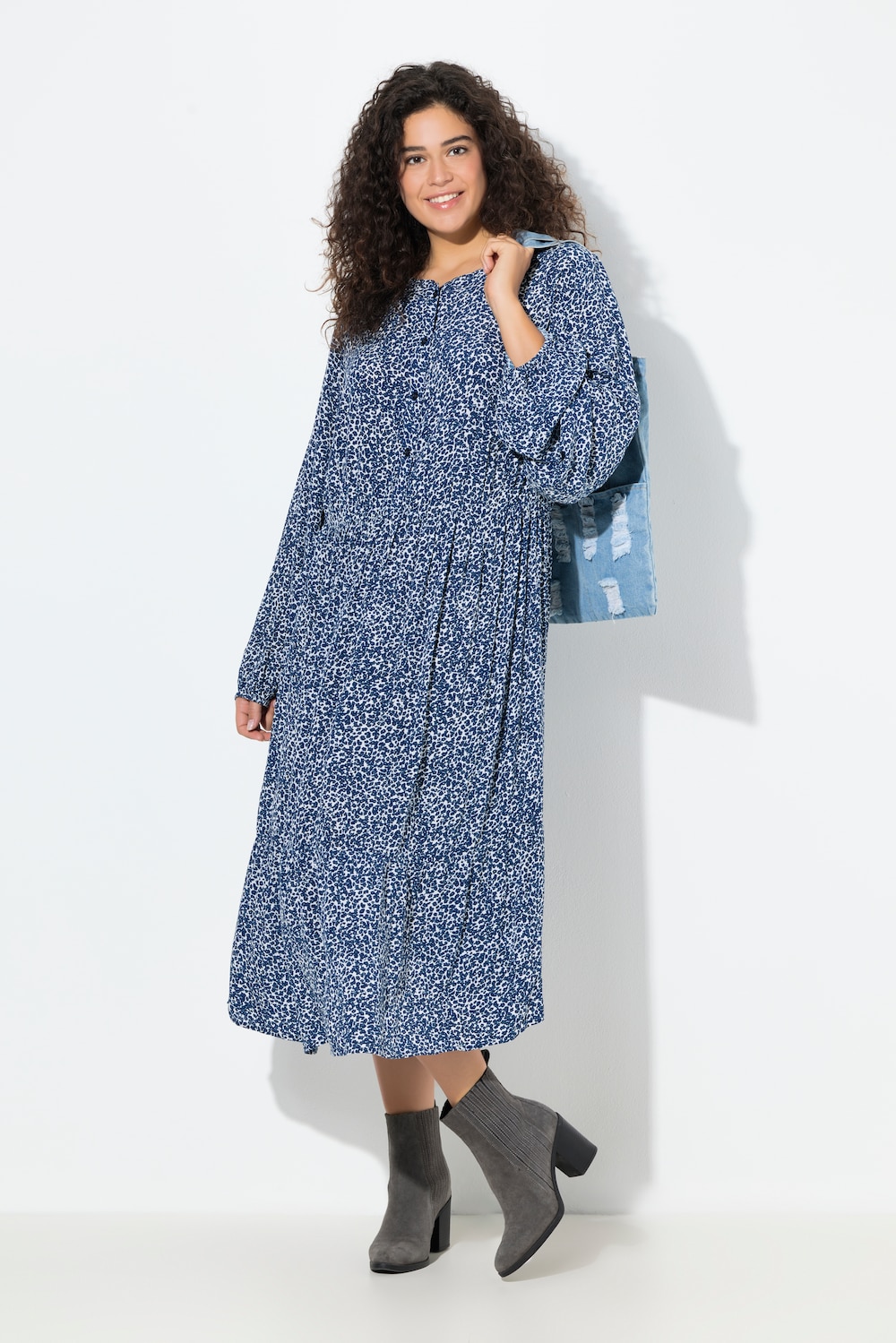 Midikleid, A-Linie, Rundhals, Langarm, Krepp