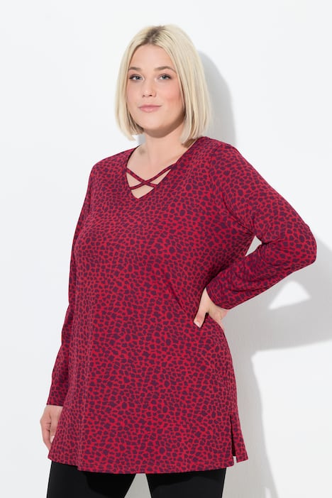 T-shirt long à manches longues, avec bandes fantaisie se croisant sur le décolleté en V