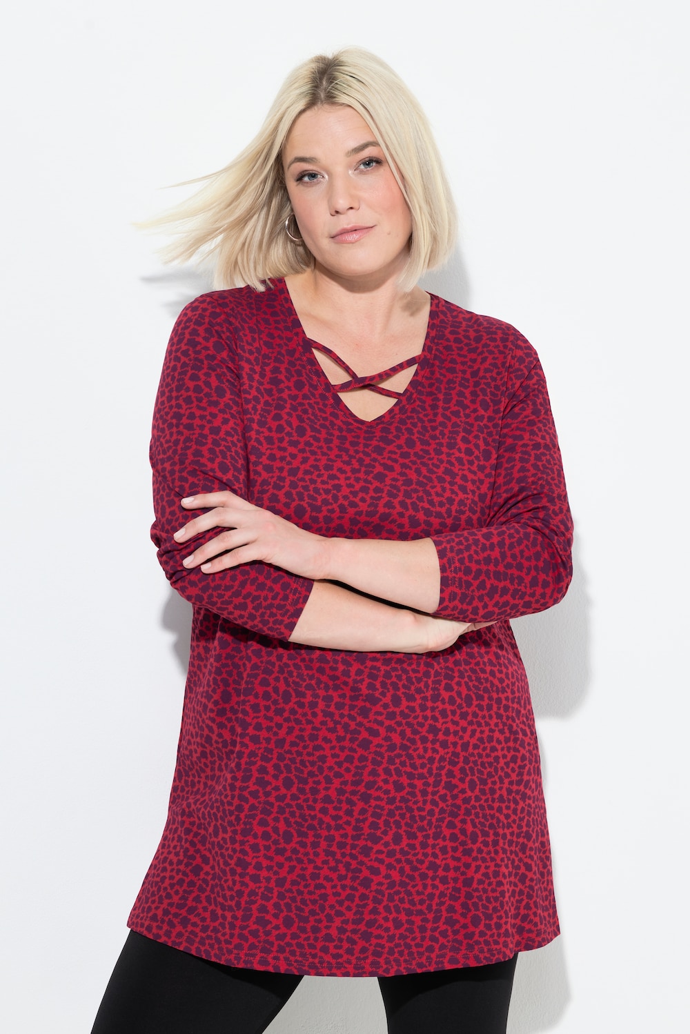 Longshirt, Leomuster, V-Ausschnitt, Zierbänder, Langarm