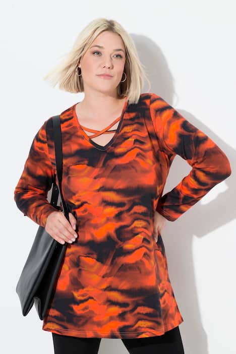 Longshirt, A-Linie, V-Ausschnitt, Zierbänder, Langarm