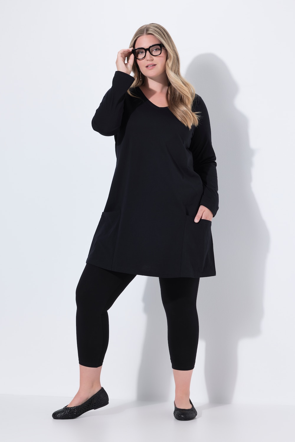 Longshirt, Taschen, A-Linie, V-Ausschnitt, Langarm
