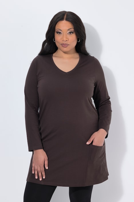 Longshirt, Taschen, A-Linie, V-Ausschnitt, Langarm
