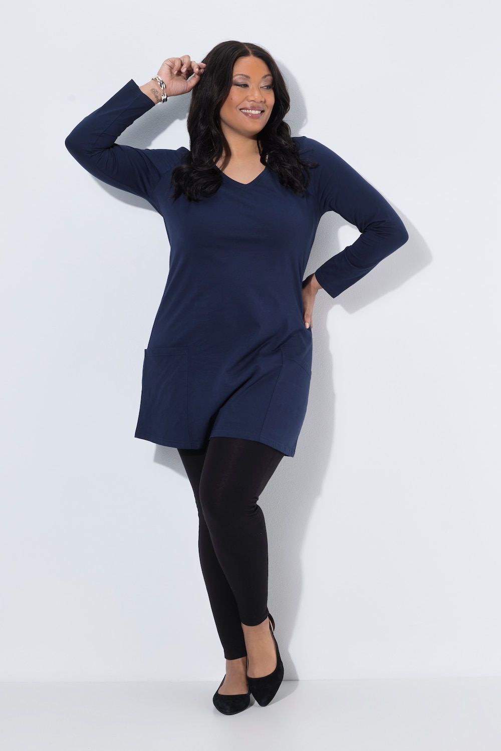 Longshirt, Taschen, A-Linie, V-Ausschnitt, Langarm