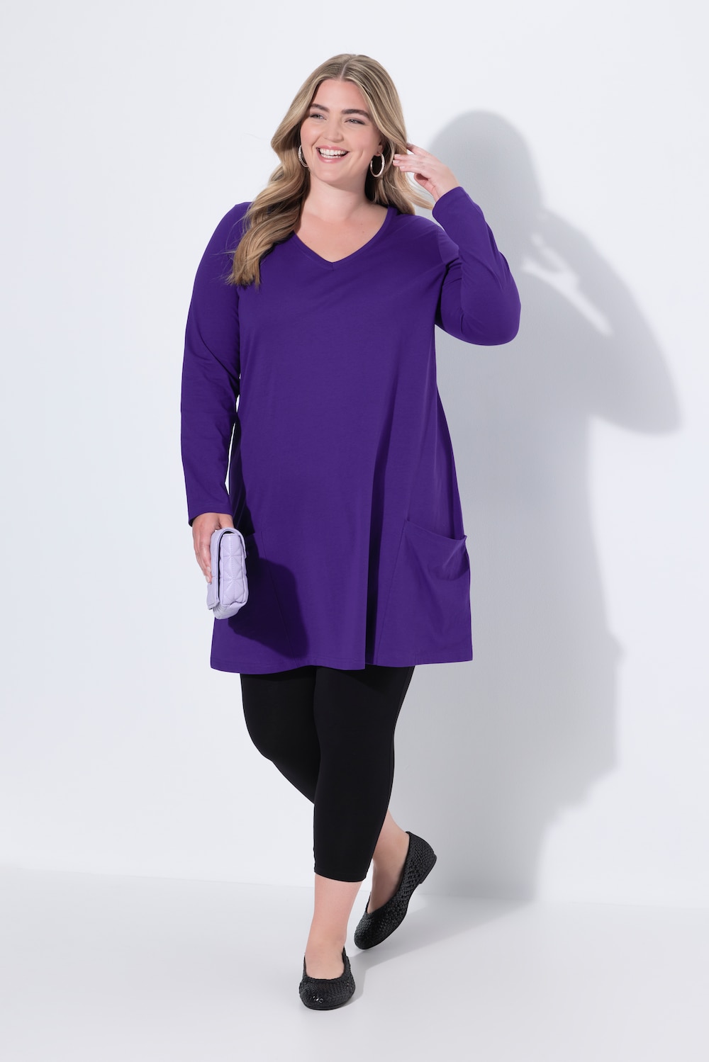 Longshirt, Taschen, A-Linie, V-Ausschnitt, Langarm